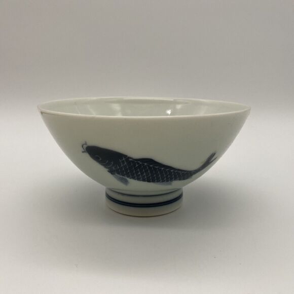 Vintage Blue Koi Fish Pattern 5” Porcelain Rice Bowl - Picture 1 of 8